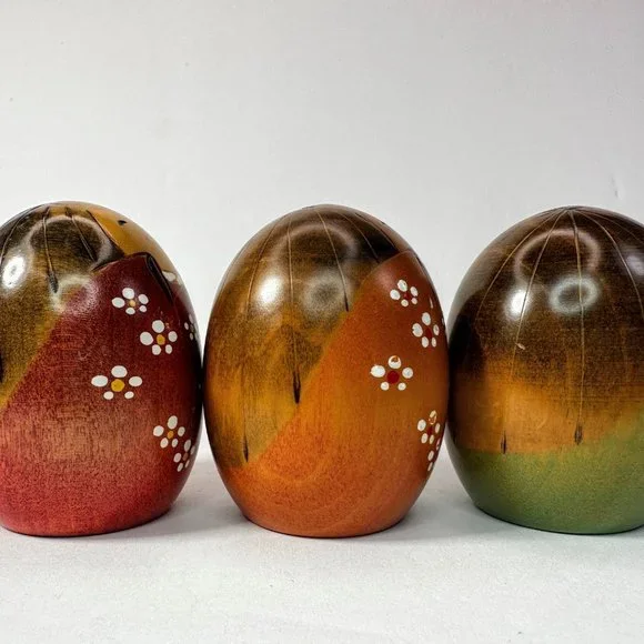 Creative Kokeshi Dolls by Usaburo "Triplets Eggs" Sisters Orange Plum Pea 2.75"